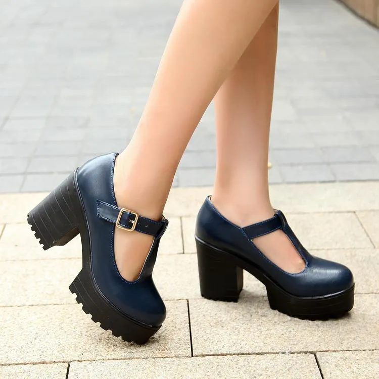 T Strap Platform Chunky Heel Chunky Pumps Shoes Woman
