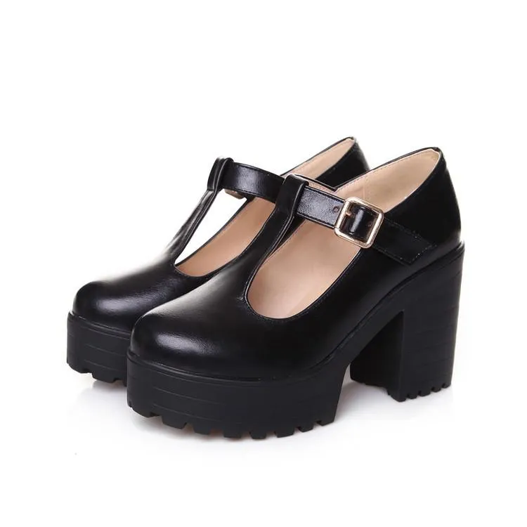 T Strap Platform Chunky Heel Chunky Pumps Shoes Woman