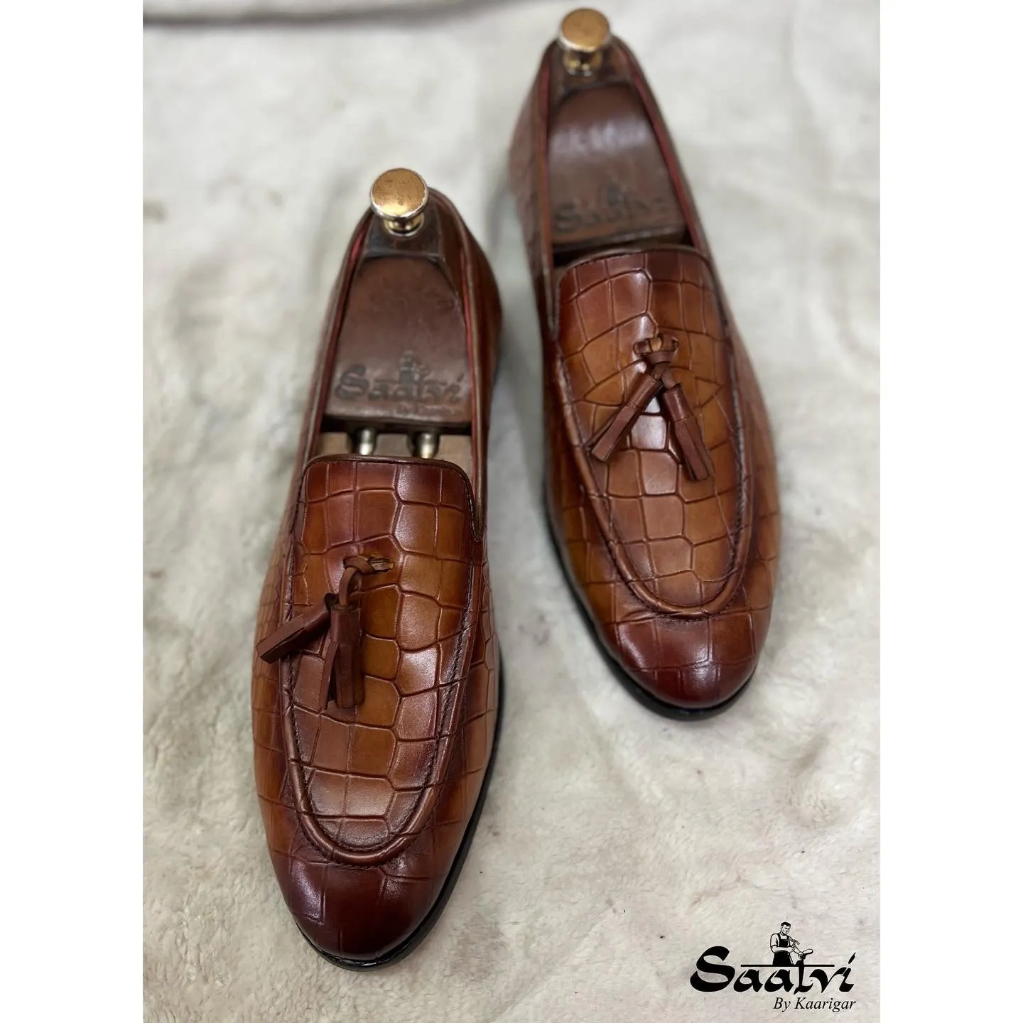 Tan Croco Loafers With Tassels