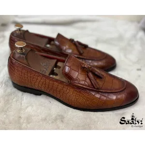 Tan Croco Loafers With Tassels