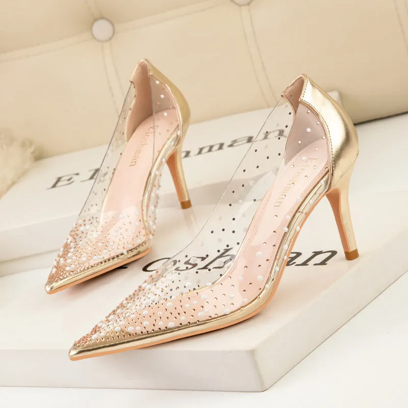 Transparent Cutout Pearl Rhinestone Heels