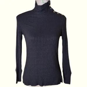 Trina Turk Size Medium Black Mockneck Ribbed Sweater Metallic Buttons Old Money