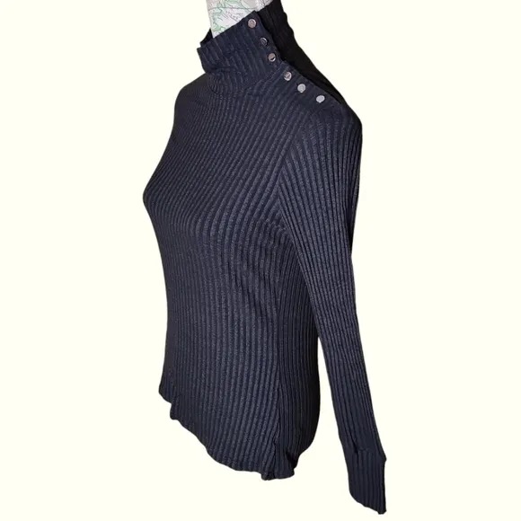 Trina Turk Size Medium Black Mockneck Ribbed Sweater Metallic Buttons Old Money
