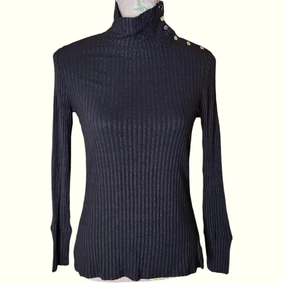 Trina Turk Size Medium Black Mockneck Ribbed Sweater Metallic Buttons Old Money