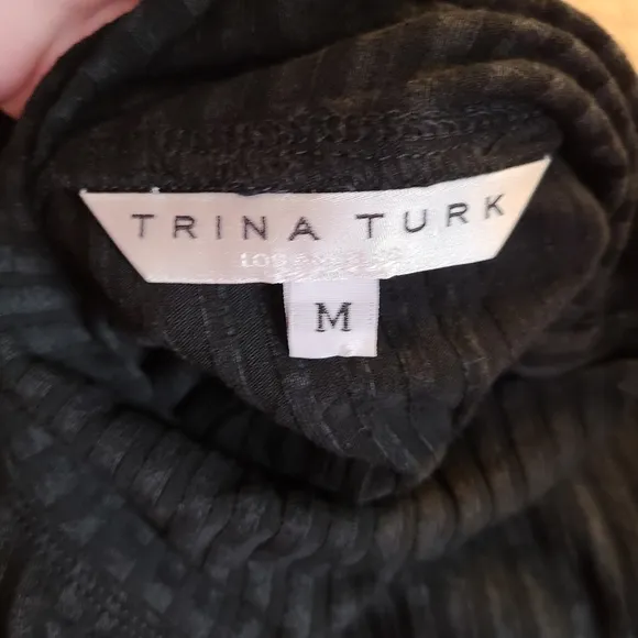Trina Turk Size Medium Black Mockneck Ribbed Sweater Metallic Buttons Old Money