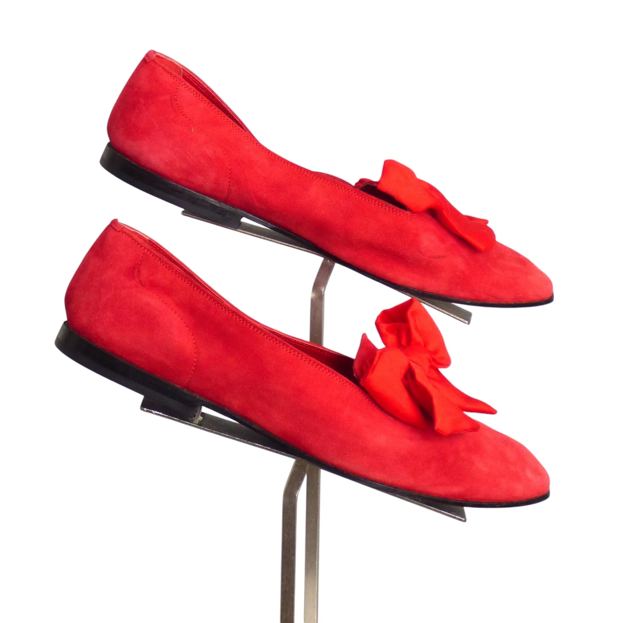 VALENTINO- 1980s Red Suede Bow Flats, Size-36