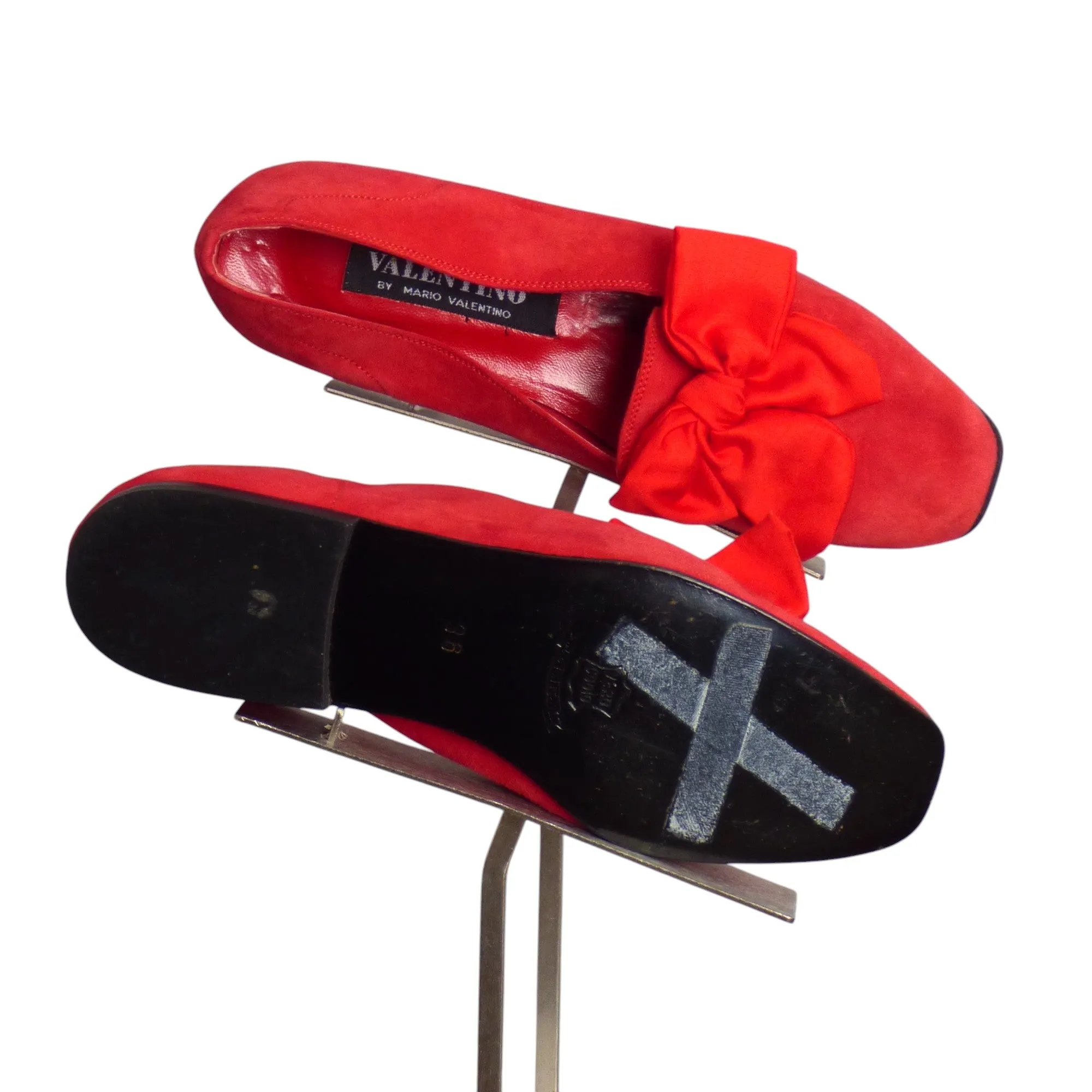 VALENTINO- 1980s Red Suede Bow Flats, Size-36