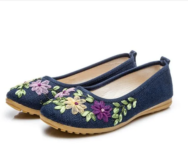 Vintage Embroidered Women Flats Flower Slip On Cotton Fabric Linen Comfortable Old Peking Ballerina Flat Shoes Sapato Feminino