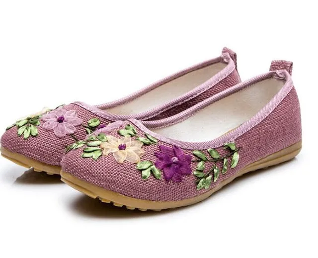 Vintage Embroidered Women Flats Flower Slip On Cotton Fabric Linen Comfortable Old Peking Ballerina Flat Shoes Sapato Feminino