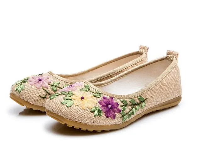 Vintage Embroidered Women Flats Flower Slip On Cotton Fabric Linen Comfortable Old Peking Ballerina Flat Shoes Sapato Feminino