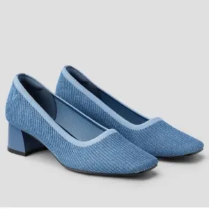 Vivaia Melody Pumps Blue Knit Fabric Square Toe Chunky Block Heel Size 40.5