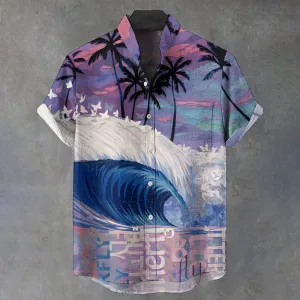 Waves And Coconut Trees Print Short Sleeve Shirt 2409007945