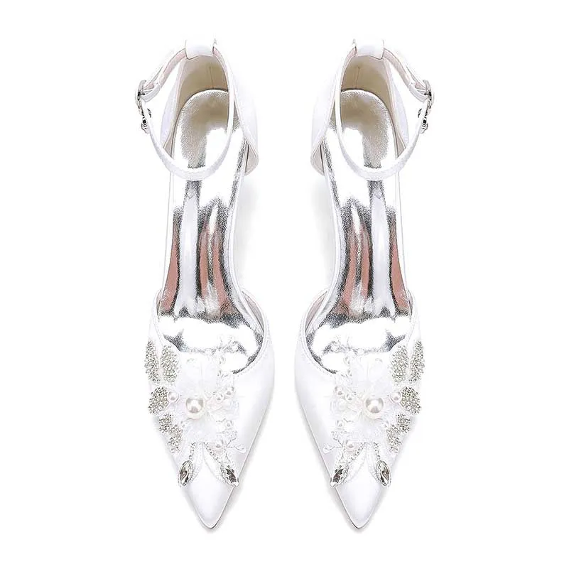 White Heels Wedding Shoes Rhinestone Appliqued Ankle Straps Bridal Pump
