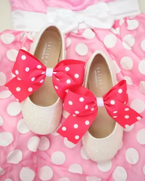 White Rock Glitter Mary Jane Flats with Fuchsia Polka Dot Grosgrain Bow