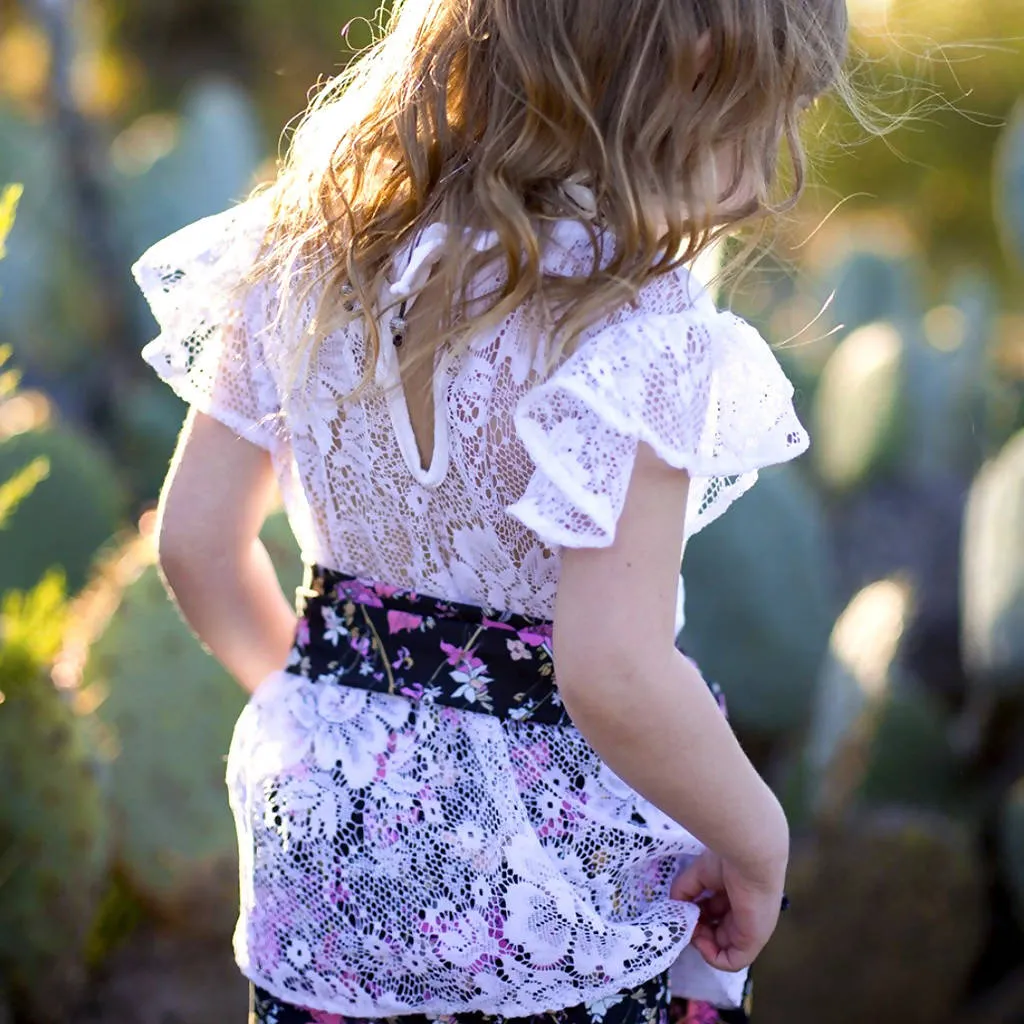 White Vintage Lace Flutter Sleeve Kids Top - 6 Sizes