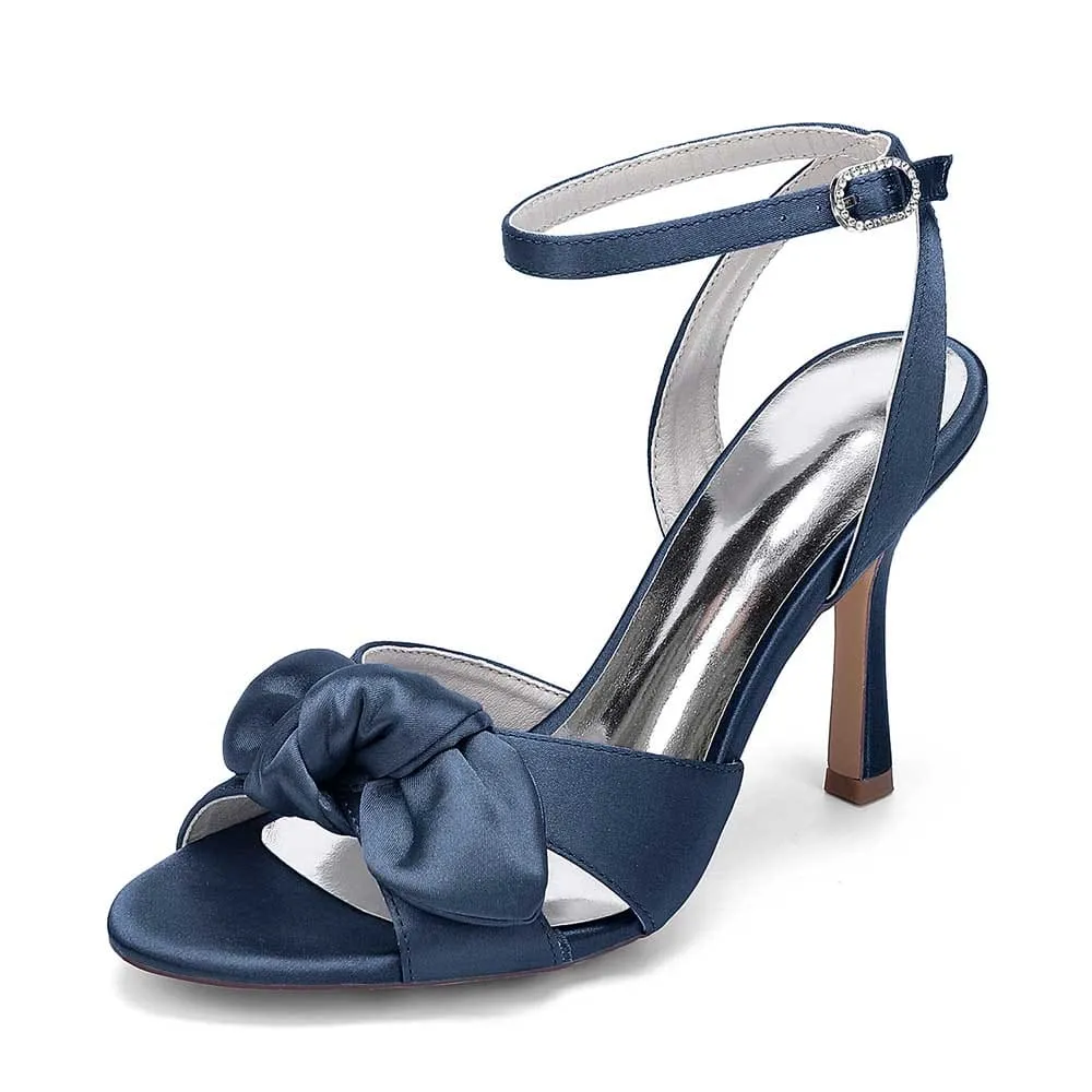Women Ankle Strap Silk Satin Dress Heels With Bow Tie Bridal Shoes