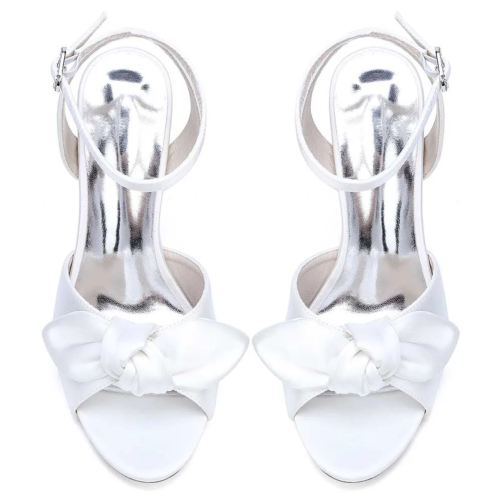 Women Ankle Strap Silk Satin Dress Heels With Bow Tie Bridal Shoes