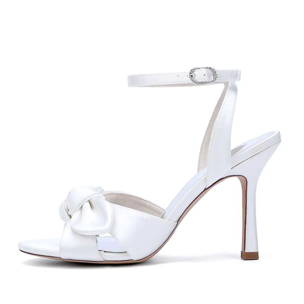 Women Ankle Strap Silk Satin Dress Heels With Bow Tie Bridal Shoes
