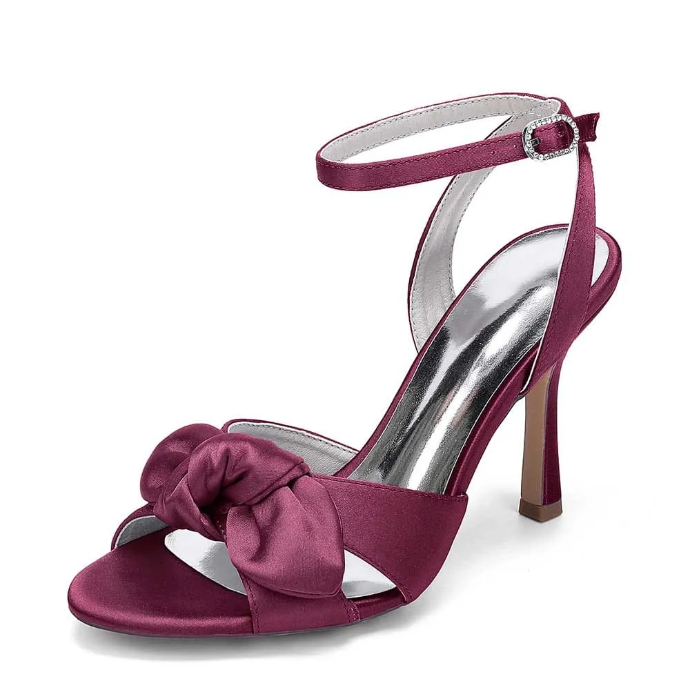 Women Ankle Strap Silk Satin Dress Heels With Bow Tie Bridal Shoes