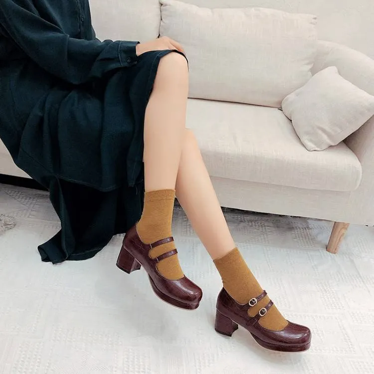 Women Crocodile Pattern Shallow Mary Janes Block Heel Platform Pumps