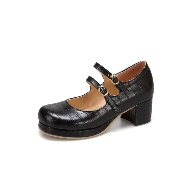 Women Crocodile Pattern Shallow Mary Janes Block Heel Platform Pumps