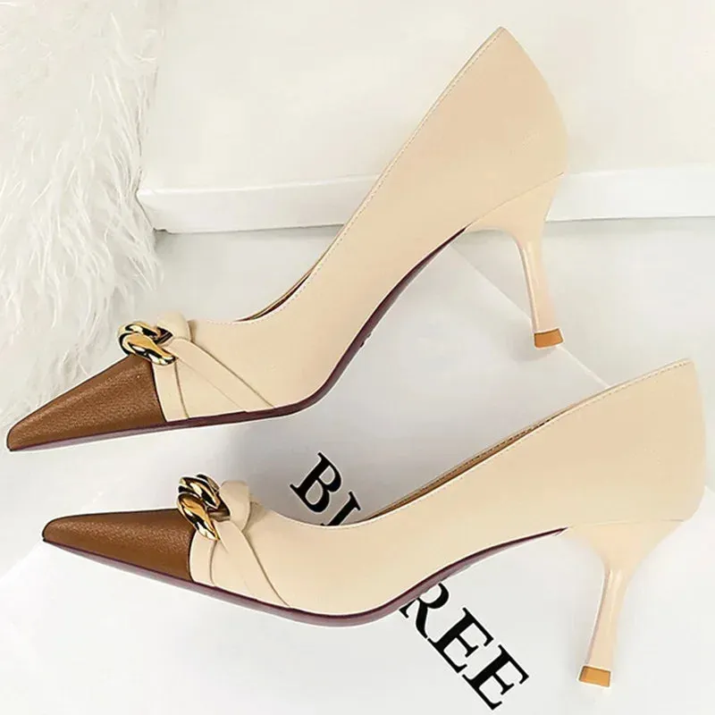 Women Fashion Mixed Colors 7cm Thin High Heels Metal Chain Banquet  Pumps Lady Pointed Toe Low Heels Formal Occasion Prom Shoes