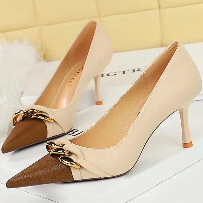 Women Fashion Mixed Colors 7cm Thin High Heels Metal Chain Banquet  Pumps Lady Pointed Toe Low Heels Formal Occasion Prom Shoes