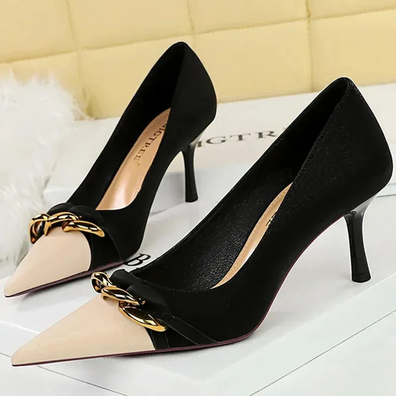 Women Fashion Mixed Colors 7cm Thin High Heels Metal Chain Banquet  Pumps Lady Pointed Toe Low Heels Formal Occasion Prom Shoes
