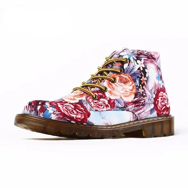 Women Martin Shoes Flower Print Black Ankle Shoes