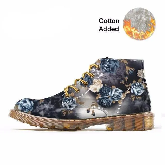 Women Martin Shoes Flower Print Black Ankle Shoes