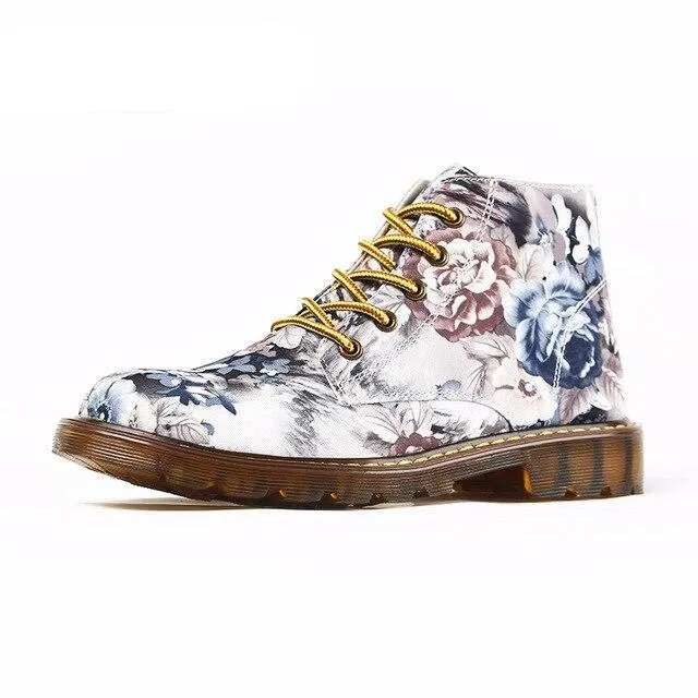 Women Martin Shoes Flower Print Black Ankle Shoes