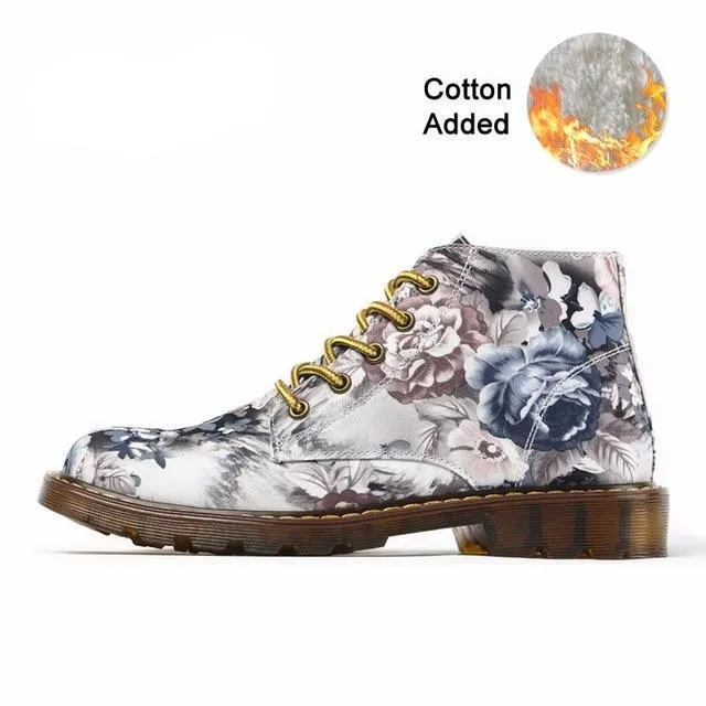 Women Martin Shoes Flower Print Black Ankle Shoes