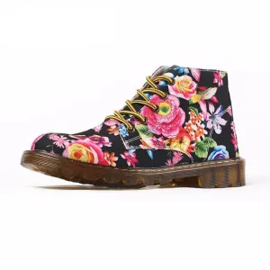 Women Martin Shoes Flower Print Black Ankle Shoes