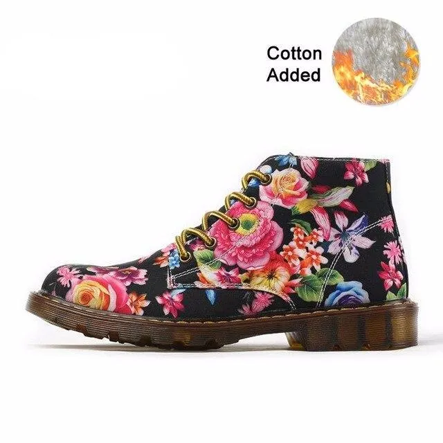 Women Martin Shoes Flower Print Black Ankle Shoes