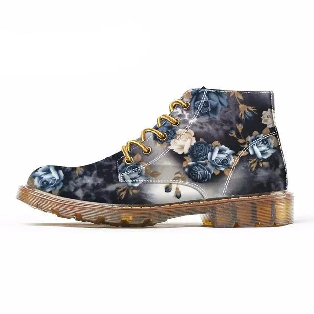Women Martin Shoes Flower Print Black Ankle Shoes