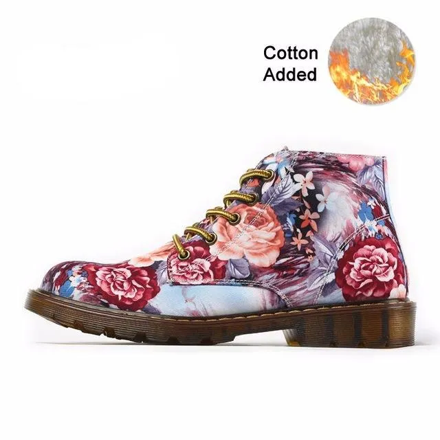 Women Martin Shoes Flower Print Black Ankle Shoes
