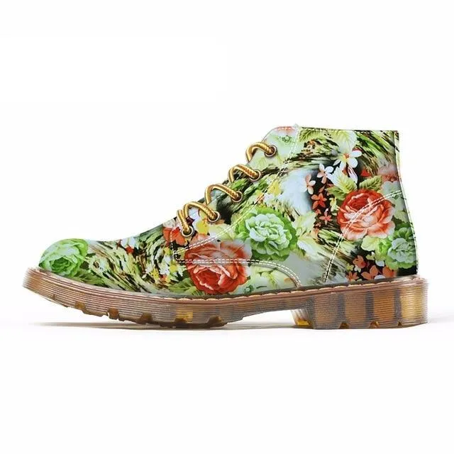 Women Martin Shoes Flower Print Black Ankle Shoes