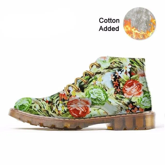 Women Martin Shoes Flower Print Black Ankle Shoes