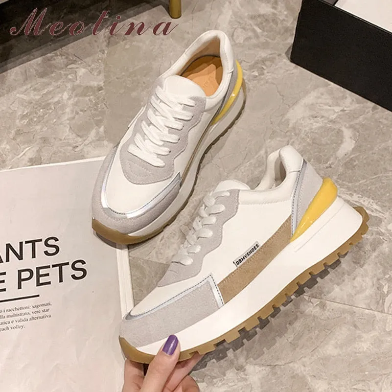 Women Natural Genuine Leather Flat Platform Sneakers