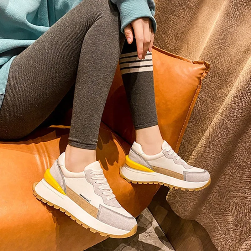 Women Natural Genuine Leather Flat Platform Sneakers