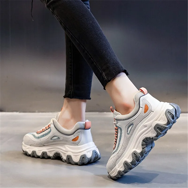 Women Natural Genuine Leather Flat Platform Sneakers