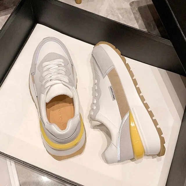 Women Natural Genuine Leather Flat Platform Sneakers