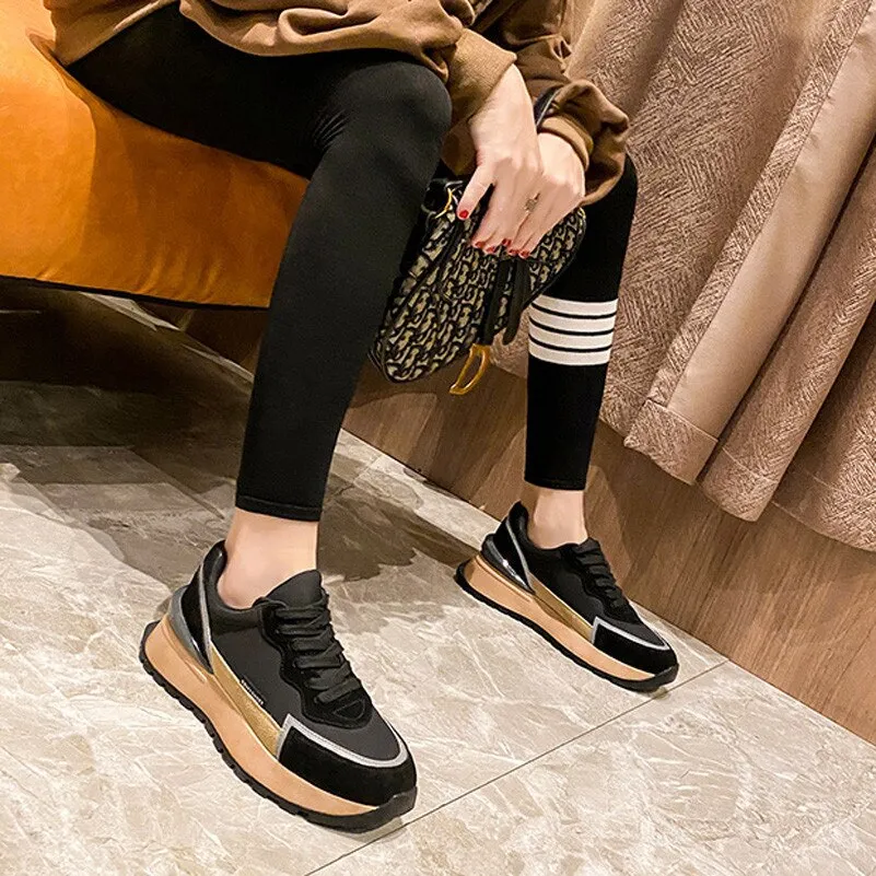Women Natural Genuine Leather Flat Platform Sneakers