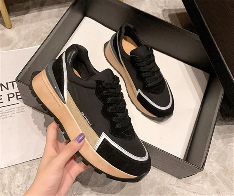 Women Natural Genuine Leather Flat Platform Sneakers