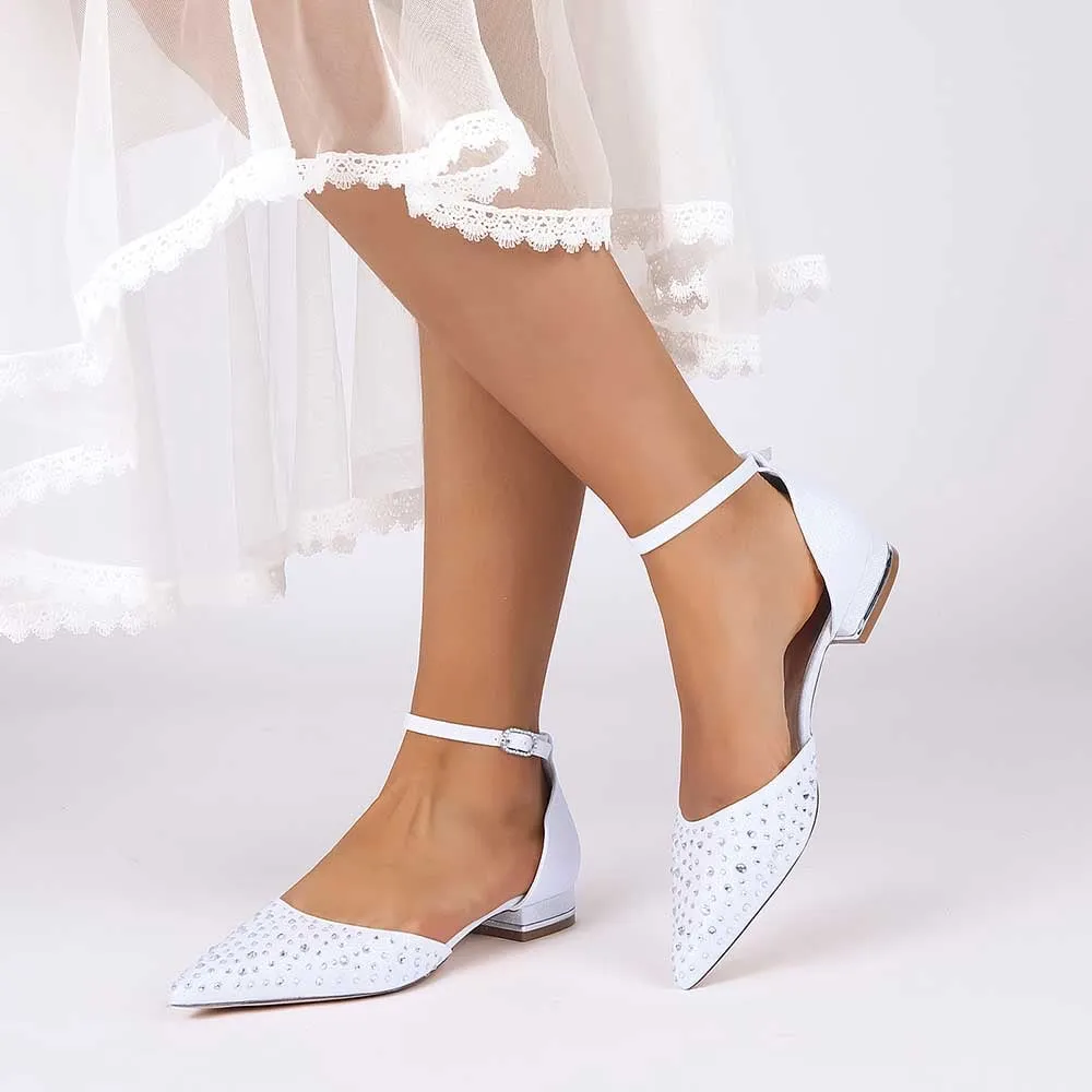 Women Satin Flat Shoes Rhinestones Ballet Flats Sparkle Wedding Shoes