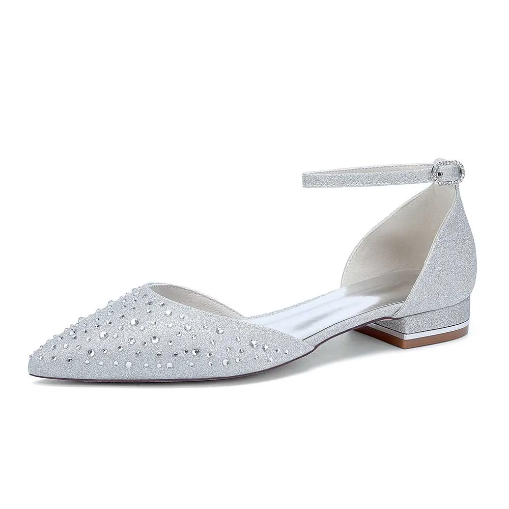 Women Satin Flat Shoes Rhinestones Ballet Flats Sparkle Wedding Shoes