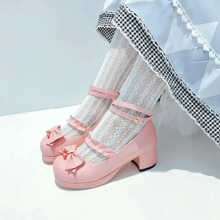 Women Shallow Ankle Strap Bowtie Block Chunky Heel Platform Pumps