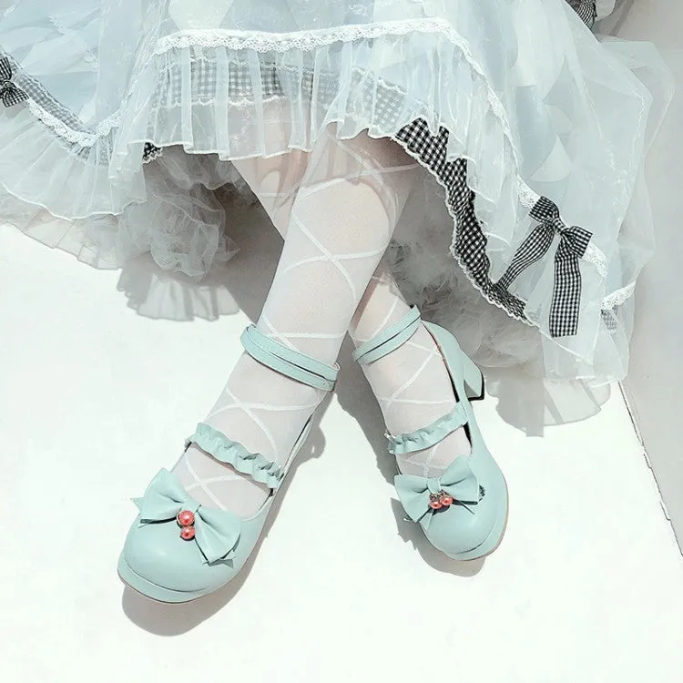 Women Shallow Ankle Strap Bowtie Block Chunky Heel Platform Pumps