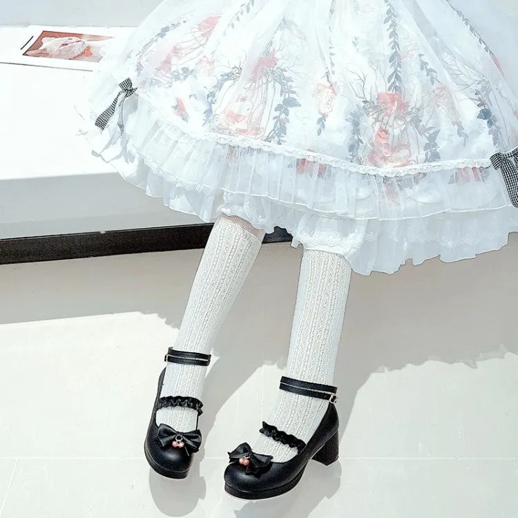 Women Shallow Ankle Strap Bowtie Block Chunky Heel Platform Pumps