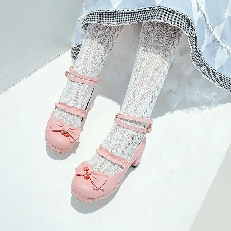 Women Shallow Ankle Strap Bowtie Block Chunky Heel Platform Pumps